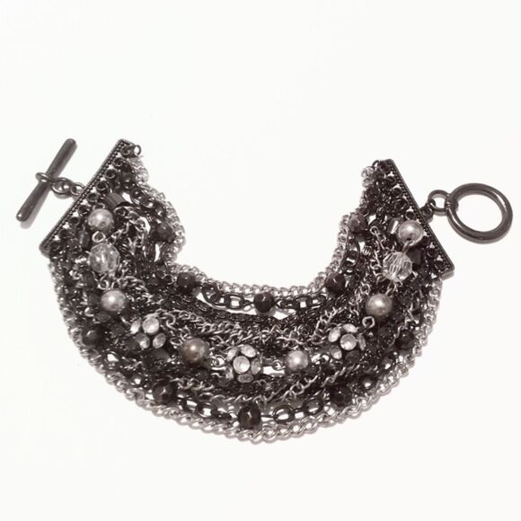 Gunmetal Silver Multi Chain Statement Bracelet Toggle Clasp 7.75" - Picture 1 of 5